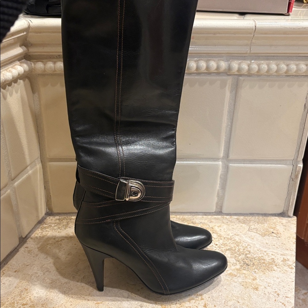 Charles David Black Leather Buckle Heeled Boots -Retails $525
